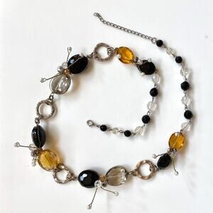 Black, Clear & Amber Crystal Beads with Pearl & Silver‎ Accents Short Necklace